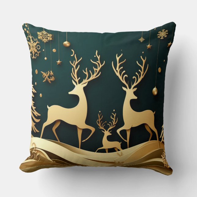 Golden Forest Waltz – Reindeer & Ornaments Kudde (Framsida)
