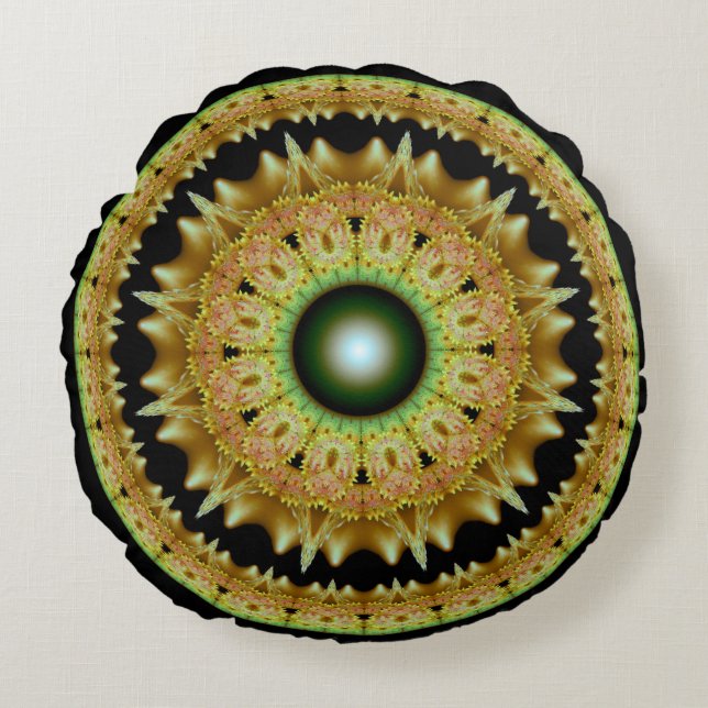 Golden fractal runda mandala rund kudde (Framsidan)