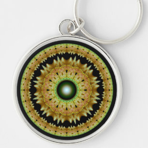 Golden fractal runda mandala rund silverfärgad nyckelring