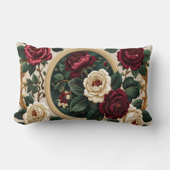 Golden Frame Roses Pillow - Elegant Burgundy Cream Lumbarkudde (Framsida)