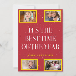 Golden Frame Snowy Red Christmas Cheer Julkort