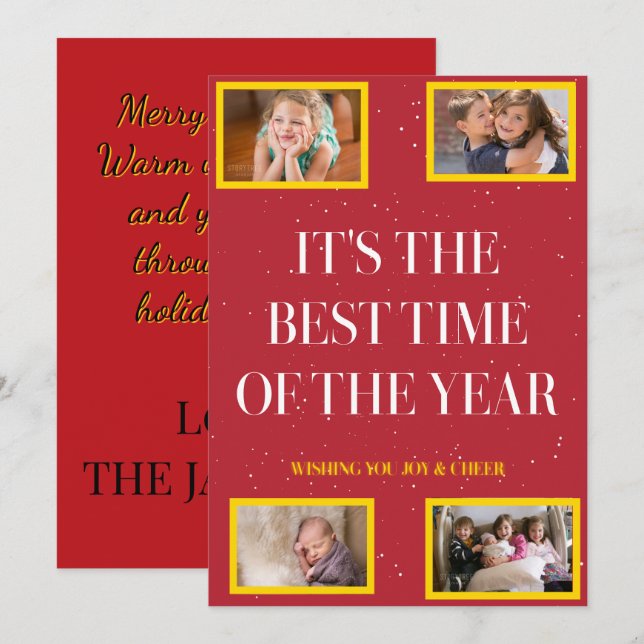 Golden Frame Snowy Red Christmas Cheer Julkort (Fram/baksida)