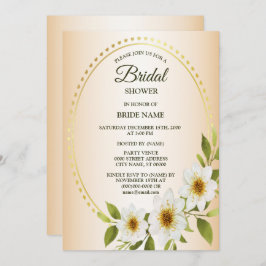 Golden Frame White Floral Peach Bridal Shower Inbjudningar
