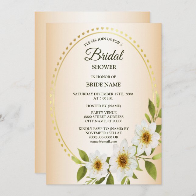 Golden Frame White Floral Peach Bridal Shower Inbjudningar (Fram/baksida)