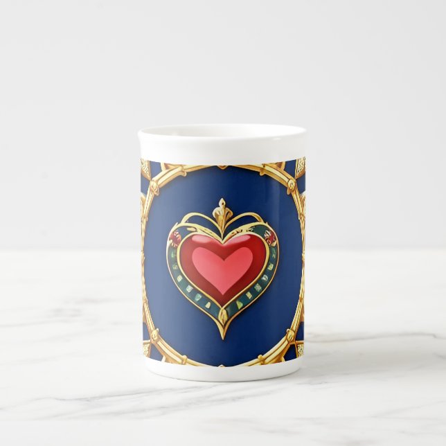 Golden Framed Heart Motif med Ornate Design Benporslin Mugg (Framsidan)