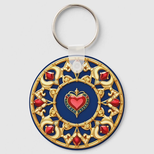 Golden Framed Heart Motif med Ornate Design Nyckelring (Framsida)