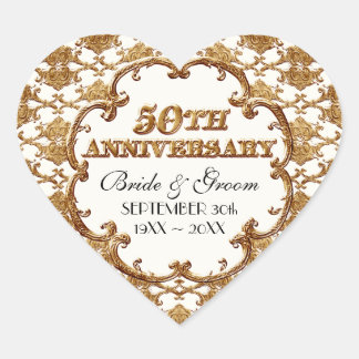 Golden Fransk Swirl Favor Gift 50-årsjubileum Hjärtformat Klistermärke