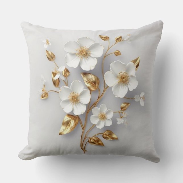Golden Garden: White & Guld Blommigt Pillow Kudde (Framsida)