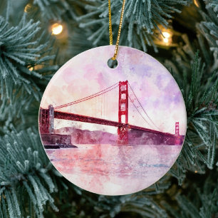 Golden Gate Bridge Akvarell vid solnedgång Julgransprydnad Keramik