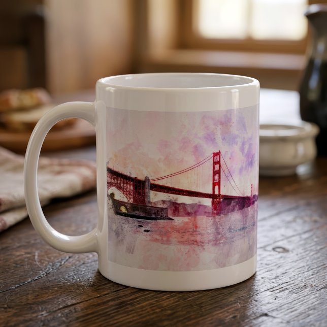 Golden Gate Bridge Akvarell vid solnedgång Kaffemugg (Golden Gate Bridge Watercolor at Sunset. Coffee Mug)