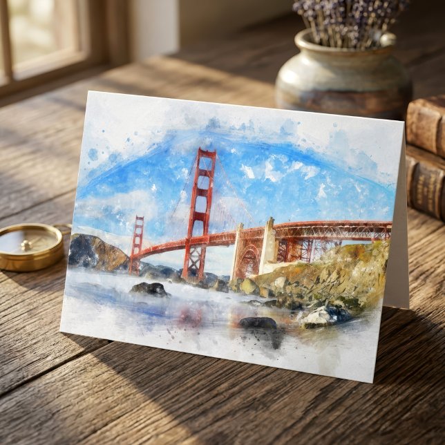 Golden Gate Bridge Pastell i San Francisco Tack Kort (Golden Gate Bridge Pastel in San Francisco. Letterpress Thank You Card)
