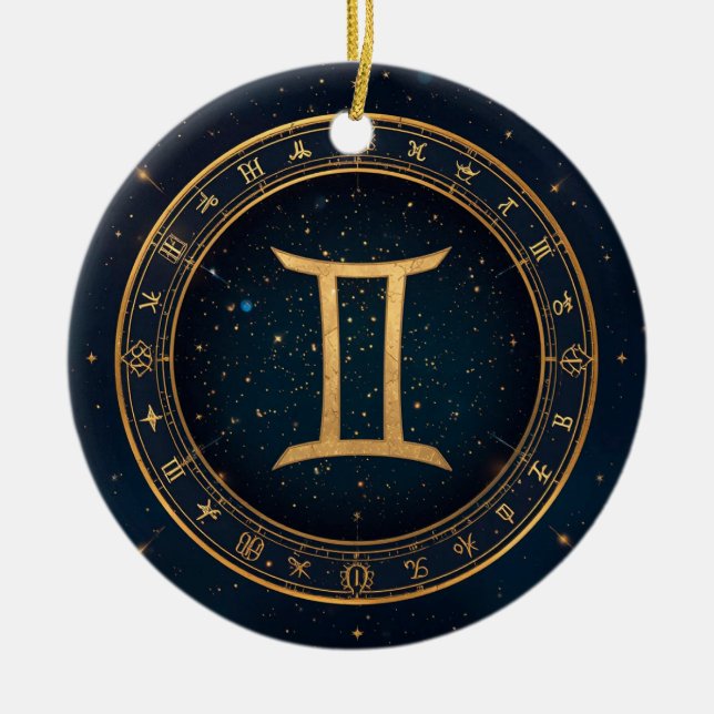 Golden Gemini Zodiac Circle With Starry Night Julgransprydnad Keramik (Framsidan)