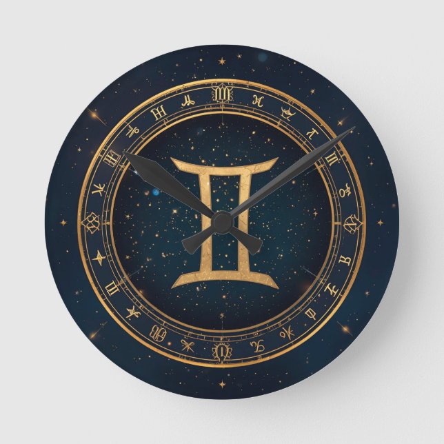 Golden Gemini Zodiac Circle With Starry Night Rund Klocka (Framsida)