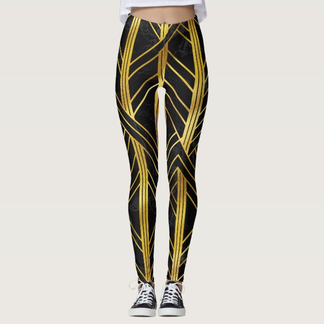 Golden Geometric Dimoned Art Deco on Black Marble Leggings (Framsida)