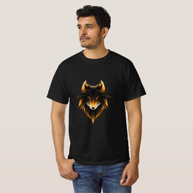 Golden Geometric Wolf Head Design T Shirt (Hel framsida)
