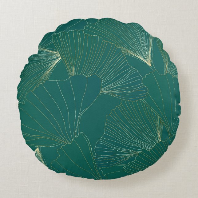 Golden Ginkgo Lövs Art Deco Rund Kudde (Framsidan)