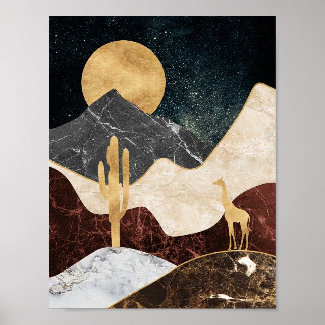 Golden Giraffe Desert Landscape & Marble Mountain Poster (Framsidan)