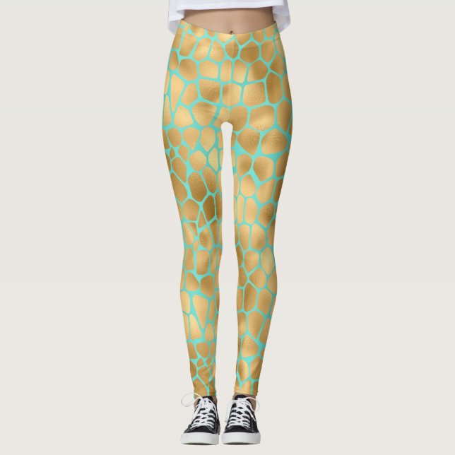 Golden giraffe-tryck på mynta leggings (Framsida)