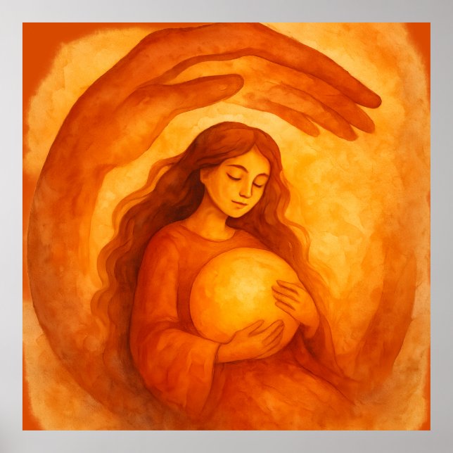 Golden Girl Holding Light Warm Protective Art Poster (Framsidan)