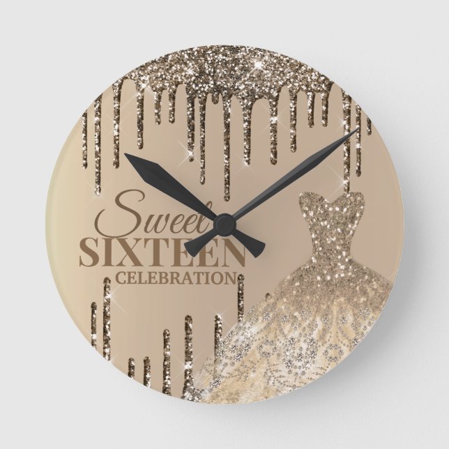 Golden Glamor Glitter Spark Drip Sweet 16 Birthday Rund Klocka (Framsida)