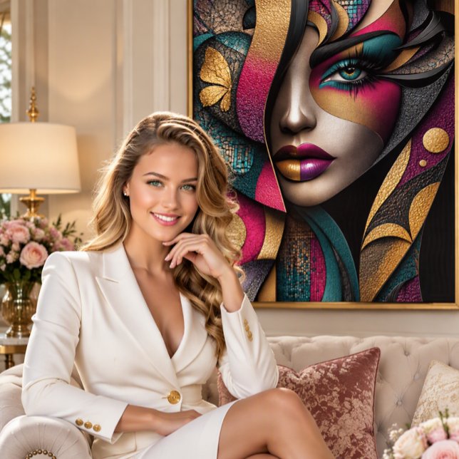 	Golden Glamour Muse Canvastryck (A statement piece for modern interiors seeking drama and sparkle.)