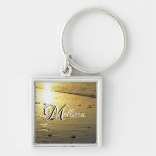Golden Glassy Sand Keychain Fyrkantig Silverfärgad Nyckelring