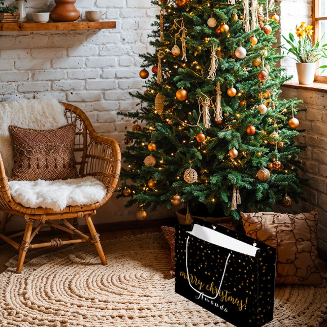Golden Glitter Black God jul Polka dots (Golden Glitter Black Merry Christmas Polka Dots Large Gift Bag)