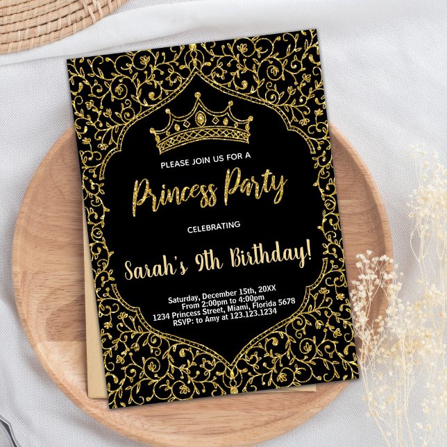 Golden Glitter Black Rosa Princess Birthday Inbjudningar (Golden Glitter Black Pink Princess Birthday Invitation)