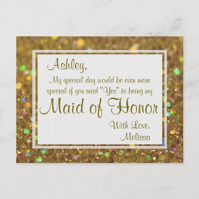 Golden Glitter - blir du min Maid of honor? Inbjudan Vykort (Framsida)