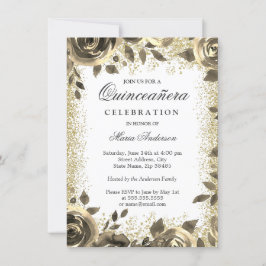 Golden Glitter Blommigt Modern Quinceanera Party Inbjudningar