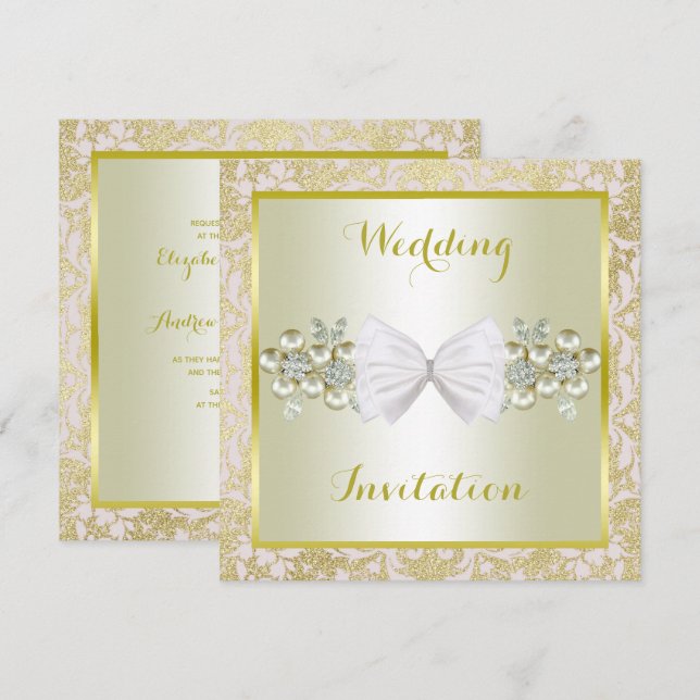 Golden Glitter, Diamond Blommigt Gems & Bow Bröllo Inbjudningar (Fram/baksida)