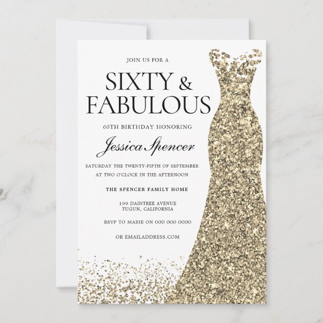 Golden Glitter Dress Womans 60:e Födelsedagsfesten Inbjudningar (Framsida)