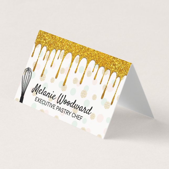 Golden Glitter Drip | Polka Dot and Whisk Visitkort (Framsida)