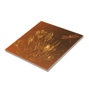 Golden Glitter Flowers & Dragonflies - Guld Luxury Kakelplatta