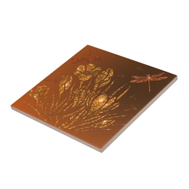 Golden Glitter Flowers & Dragonflies - Guld Luxury Kakelplatta (Sidan)