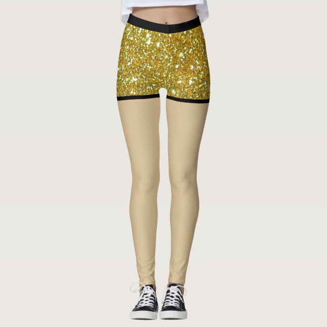 Golden glitter Glam Sparkles Metall Fake kort Leggings (Framsida)