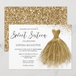 Golden Glitter Guld Gown Dress Sweet 16 Inbjudningar