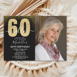 Golden Glitter "Hello 60" Photo Birthday Women Inbjudningar