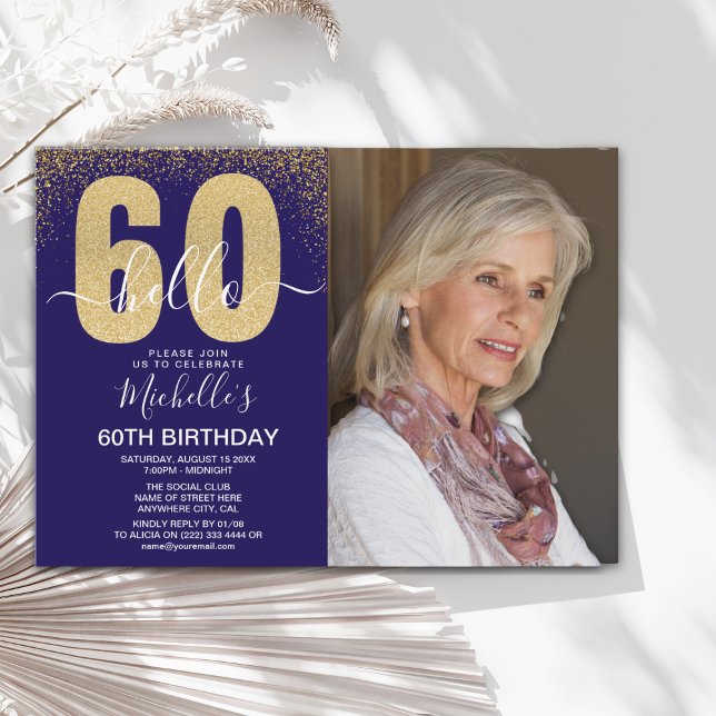 Golden Glitter "Hello 60" Photo Birthday Women Inbjudningar (Skapare uppladdad)