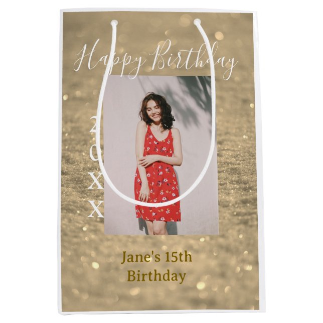 Golden glitter lycklig 15-årsfoto namn (Framsidan)