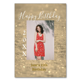 Golden glitter lycklig 15-årsfoto namn bordsnummer