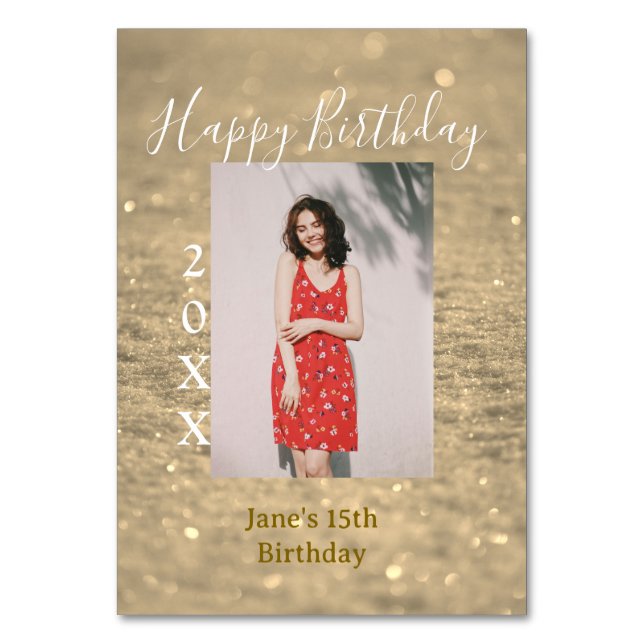 Golden glitter lycklig 15-årsfoto namn bordsnummer (Framsidan)