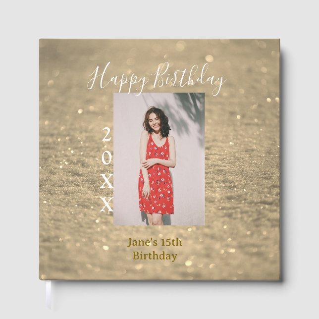 Golden glitter lycklig 15-årsfoto namn gästböcker (Framsida)