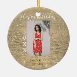 Golden glitter lycklig 15-årsfoto namn julgransprydnad keramik
