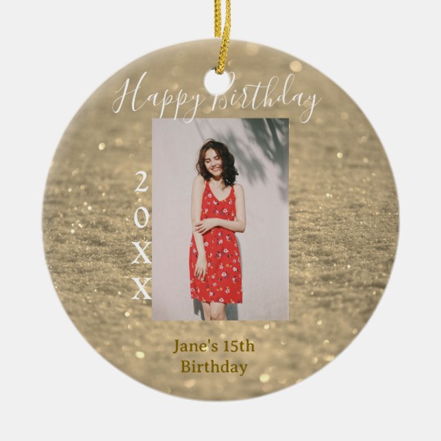 Golden glitter lycklig 15-årsfoto namn julgransprydnad keramik (Framsidan)