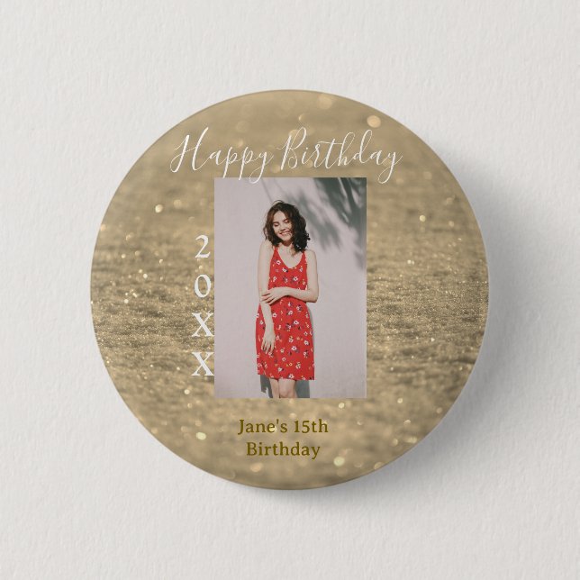 Golden glitter lycklig 15-årsfoto namn knapp (Framsida)