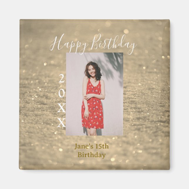 Golden glitter lycklig 15-årsfoto namn magnet (Framsidan)