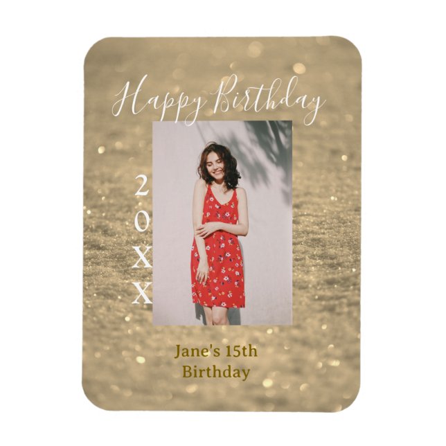 Golden glitter lycklig 15-årsfoto namn magnet (Vertikal)