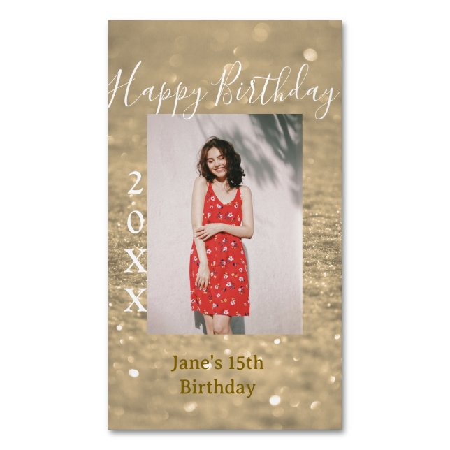 Golden glitter lycklig 15-årsfoto namn magnetiska visitkort (Framsida vertikal)