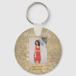 Golden glitter lycklig 15-årsfoto namn nyckelring